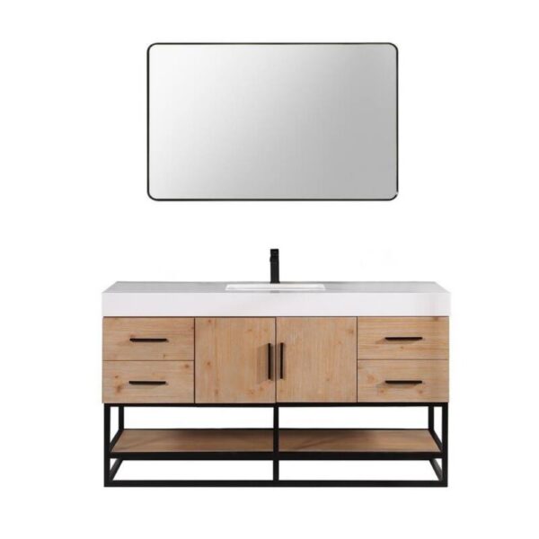 Altair 552060SB-LB-WH Bianco 60 Inch Matte Black Support Base Freestanding Single Bathroom Vanity in Light Brown with White Composite Stone Countertop and Mirror