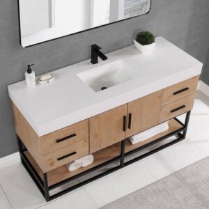 Altair 552060SB-LB-WH Bianco 60 Inch Matte Black Support Base Freestanding Single Bathroom Vanity in Light Brown with White Composite Stone Countertop and Mirror