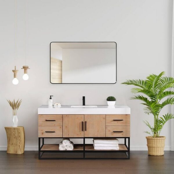 Altair 552060SB-LB-WH-NM Bianco 60 Inch Matte Black Support Base Freestanding Single Bathroom Vanity in Light Brown with White Composite Stone Countertop without Mirror