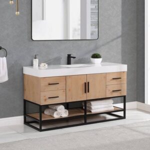 Altair 552060SB-LB-WH-NM Bianco 60 Inch Matte Black Support Base Freestanding Single Bathroom Vanity in Light Brown with White Composite Stone Countertop without Mirror