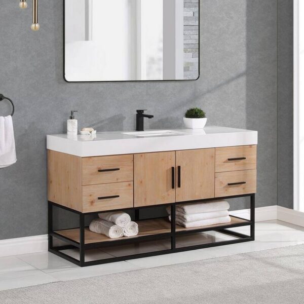 Altair 552060SB-LB-WH-NM Bianco 60 Inch Matte Black Support Base Freestanding Single Bathroom Vanity in Light Brown with White Composite Stone Countertop without Mirror