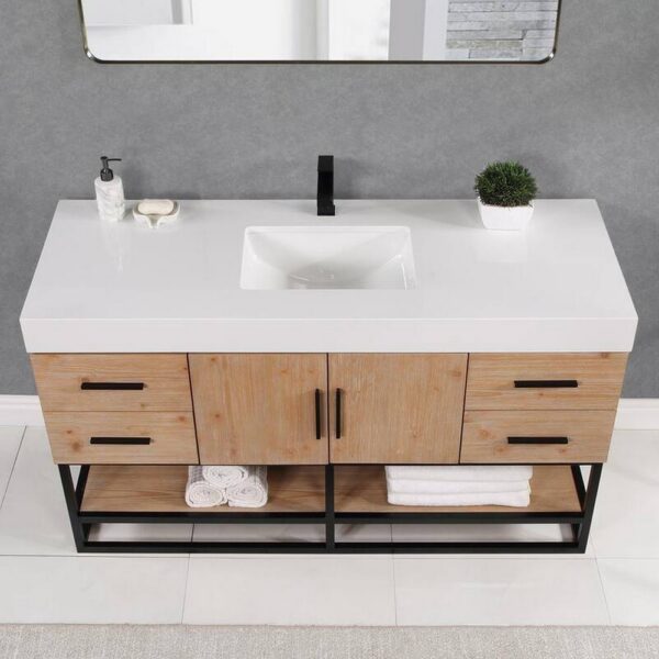 Altair 552060SB-LB-WH-NM Bianco 60 Inch Matte Black Support Base Freestanding Single Bathroom Vanity in Light Brown with White Composite Stone Countertop without Mirror