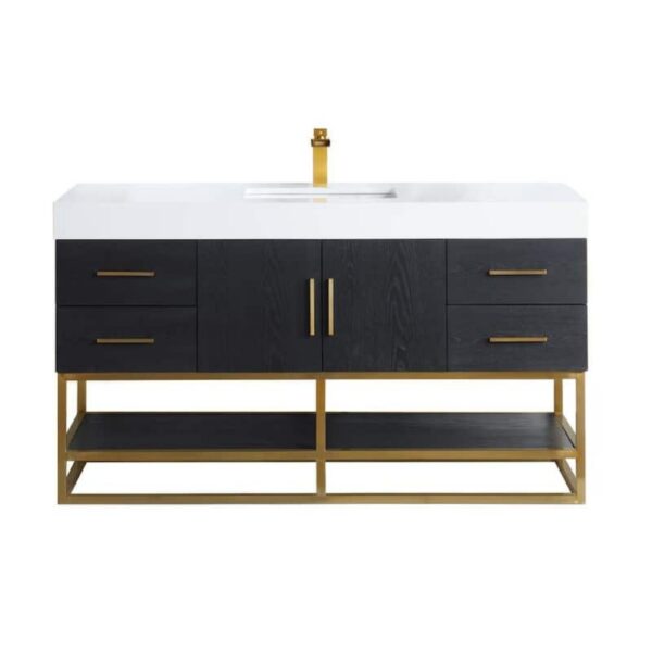 Altair 552060SG-WH-NM Bianco 60 Inch Brushed Gold Support Base Freestanding Single Bathroom Vanity with White Composite Stone Countertop without Mirror