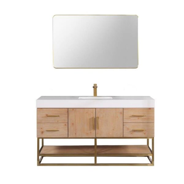 Altair 552060SG-WH Bianco 60 Inch Brushed Gold Support Base Freestanding Single Bathroom Vanity with White Composite Stone Countertop and Mirror