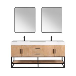 Altair 552072-LB-WH Bianco 71 5/8 Inch Double Bathroom Vanity in Light Brown with White Composite Stone Countertop and Mirror