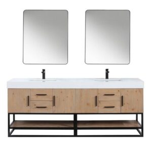 Altair 552084B-LB-WH Bianco 84 Inch Matte Black Support Base Freestanding Double Bathroom Vanity in Light Brown with White Composite Stone Countertop and Mirror