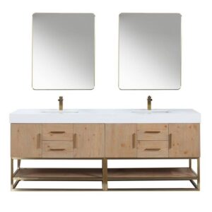 Altair 552084G-WH Bianco 84 Inch Brushed Gold Support Base Freestanding Double Bathroom Vanity with White Composite Stone Countertop and Mirror