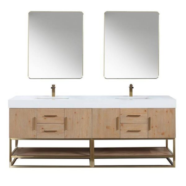 Altair 552084G-WH Bianco 84 Inch Brushed Gold Support Base Freestanding Double Bathroom Vanity with White Composite Stone Countertop and Mirror