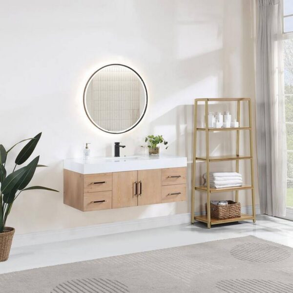 Altair 553048D-LB-WH Corchia 48D Inch Wall Mounted Single Bathroom Vanity in Light Brown with White Composite Stone Countertop and Mirror