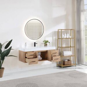 Altair 553048D-LB-WH Corchia 48D Inch Wall Mounted Single Bathroom Vanity in Light Brown with White Composite Stone Countertop and Mirror