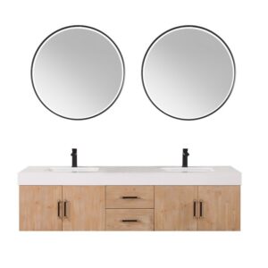 Altair 553072-LB-WH Corchia 71 5/8 Inch Wall-mounted Double Bathroom Vanity in Light Brown with White Composite Stone Countertop and Mirror