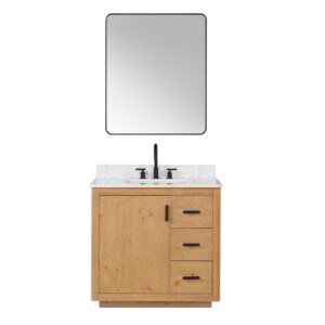 Altair 556036-NW-GW Perla 35 1/4 Inch Single Bathroom Vanity in Natural Wood with Grain White Composite Stone Countertop and Mirror