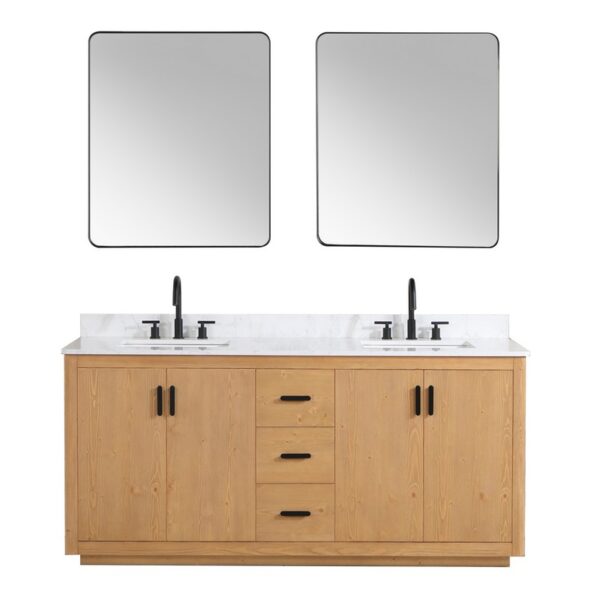 Altair 556072-NW-GW Perla 71 1/4 Inch Double Bathroom Vanity in Natural Wood with Grain White Composite Stone Countertop and Mirror