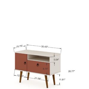 Manhattan Comfort Tribeca 35.43 Mid-Century Modern TV Stand with Solid Wood Legs in Off White and Terra Orange Pink