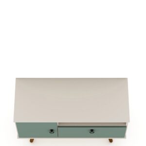 Manhattan Comfort Tribeca 35.43 Mid-Century Modern TV Stand with Solid Wood Legs in Off White and Green Mint