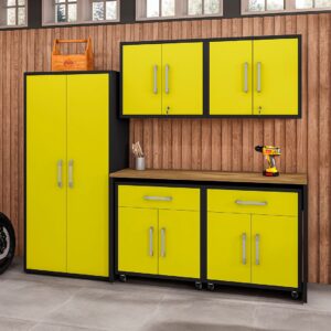 Manhattan Comfort Eiffel 6-Piece Garage Storage Set in Matte Black and Yellow