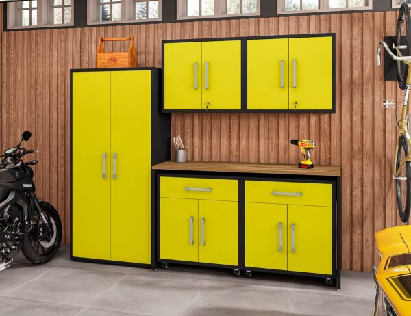 Manhattan Comfort Eiffel 6-Piece Garage Storage Set in Matte Black and Yellow