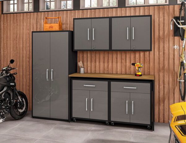 Manhattan Comfort Eiffel 6-Piece Garage Storage Set in Matte Black and Grey