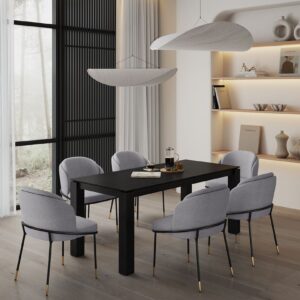 Manhattan Comfort 7-Piece Rockaway Modern 70.86 Solid Wood Dining Set in Black with 6 Flor Velvet Upholstered Dining Chairs in Grey