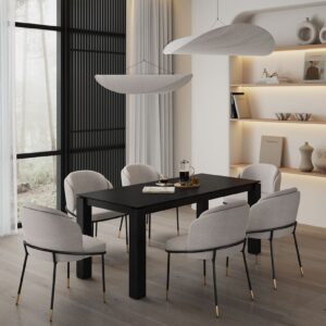 Manhattan Comfort 7-Piece Rockaway Modern 70.86 Solid Wood Dining Set in Black with 6 Flor Velvet Upholstered Dining Chairs in Wheat