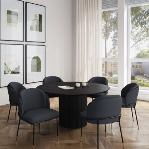 Manhattan Comfort 7-Piece Hathaway Modern 59.05 Solid Wood Round Dining Set in Black with 6 Flor Velvet Upholstered Dining Chairs in Black