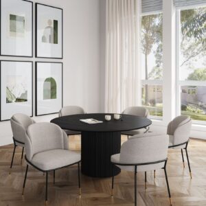 Manhattan Comfort 7-Piece Hathaway Modern 59.05 Solid Wood Round Dining Set in Black with 6 Flor Velvet Upholstered Dining Chairs in Wheat