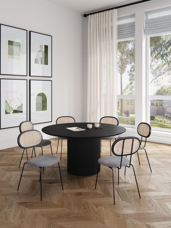 Manhattan Comfort 7-Piece Hathaway Modern 59.05 Solid Wood Round Dining Set in Black with 6 Jardin Cane Dining Chairs