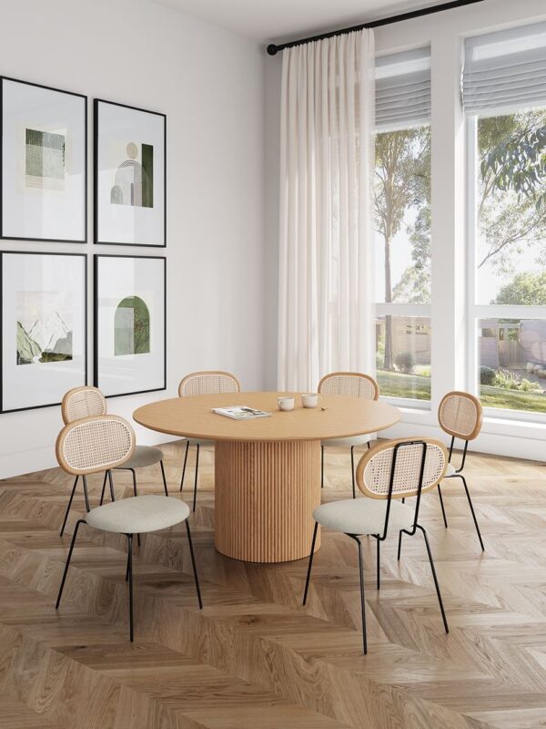 Manhattan Comfort 7-Piece Hathaway Modern 59.05 Solid Wood Round Dining Set in Nature with 6 Jardin Cane Dining Chairs