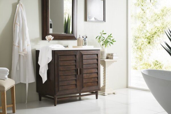 James Martin 620-V36-BNM-3AF Portland 36 Inch Single Vanity in Burnished Mahogany with 3 cm Arctic Fall Solid Surface Top