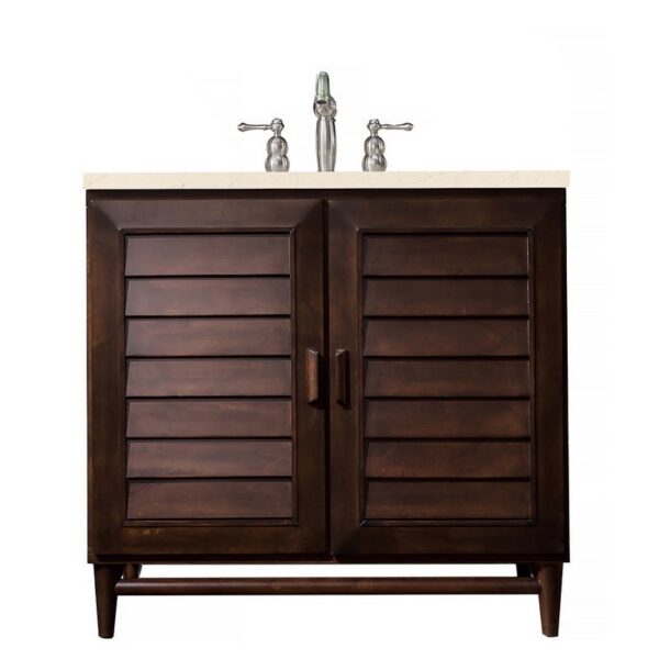 James Martin 620-V36-BNM-3EMR Portland 36 Inch Single Vanity in Burnished Mahogany with 3 CM Eternal Marfil Quartz Top