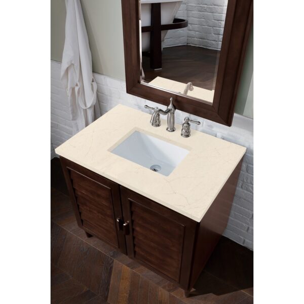 James Martin 620-V36-BNM-3EMR Portland 36 Inch Single Vanity in Burnished Mahogany with 3 CM Eternal Marfil Quartz Top