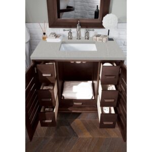 James Martin 620-V36-BNM-3ESR Portland 36 Inch Single Vanity in Burnished Mahogany with 3 CM Eternal Serena Quartz Top