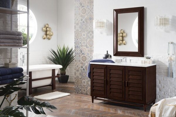 James Martin 620-V48-BNM-3AF Portland 48 Inch Single Vanity in Burnished Mahogany with 3 cm Arctic Fall Solid Surface Top