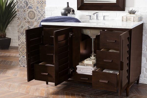 James Martin 620-V48-BNM-3AF Portland 48 Inch Single Vanity in Burnished Mahogany with 3 cm Arctic Fall Solid Surface Top