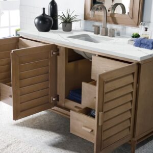 James Martin 620-V60S-WW-3ENC Portland 60 Inch Single Vanity Cabinet with Ethereal Noctis Quartz Top - Whitewashed Walnut