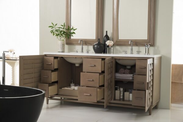 James Martin 620-V72-WW-3AF Portland 72 Inch Double Vanity in Whitewashed Walnut with 3 cm Arctic Fall Solid Surface Top