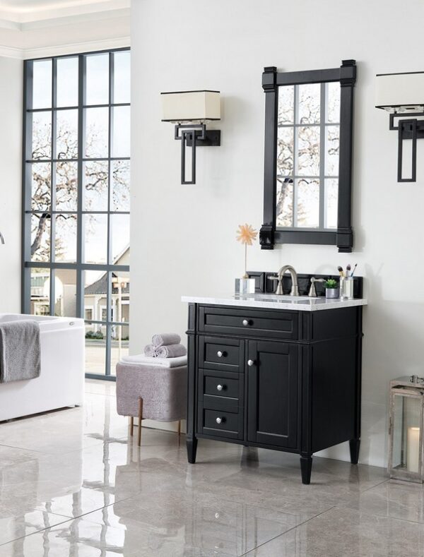 James Martin 650-V30-BKO-3CAR Brittany 30 Inch Single Vanity in Black Onyx with 3 cm Carrara Marble Top