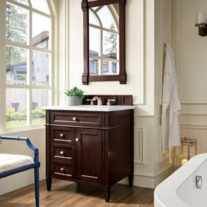 James Martin 650-V30-BNM-3AF Brittany 30 Inch Single Vanity in Burnished Mahogany with 3 cm Arctic Fall Solid Surface Top