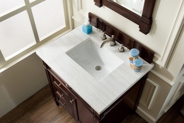 James Martin 650-V30-BNM-3AF Brittany 30 Inch Single Vanity in Burnished Mahogany with 3 cm Arctic Fall Solid Surface Top