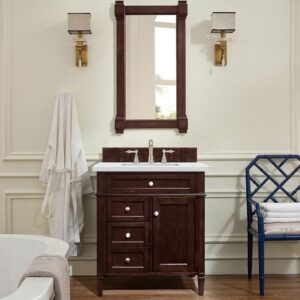 James Martin 650-V30-BNM-3ENC Brittany 30 Inch Single Vanity Cabinet with Ethereal Noctis Quartz Top - Burnished Mahogany