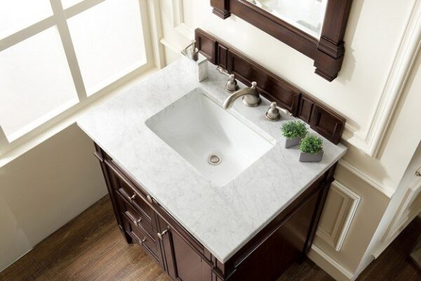 James Martin 650-V30-BNM-3CAR Brittany 30 Inch Single Vanity in Burnished Mahogany with 3 cm Carrara Marble Top