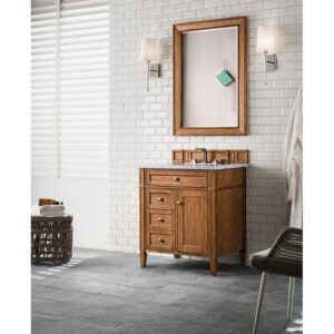 James Martin 650-V30-SBR-3CAR Brittany 30 Inch Single Vanity in Saddle Brown with 3 CM Carrara Marble Top