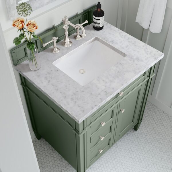 James Martin 650-V30-SC-3CAR Brittany 30 Inch Smokey Celadon Single Sink Vanity with 3 cm Carrara Marble Top