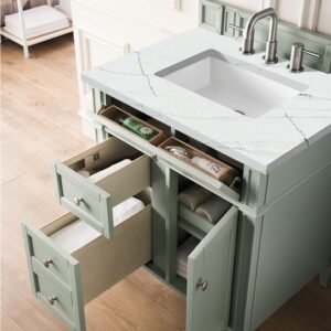 James Martin 650-V30-SGR-3ENC Brittany 30 Inch Single Vanity Cabinet with Ethereal Noctis Quartz Top - Sage Green