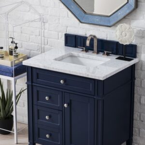 James Martin 650-V30-VBL-3CAR Brittany 30 Inch Single Vanity in Victory Blue with 3 cm Carrara Marble Top