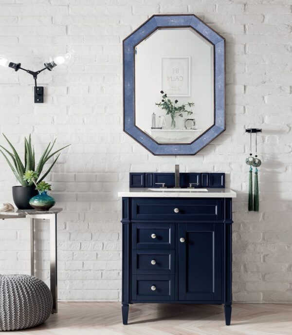 James Martin 650-V30-VBL-3EJP Brittany 30 Inch Single Vanity in Victory Blue with 3 cm Eternal Jasmine Pearl Quartz Top with Sink