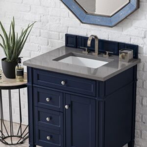 James Martin 650-V30-VBL-3GEX Brittany 30 Inch Single Vanity in Victory Blue with 3 cm Grey Expo Quartz Top with Sink