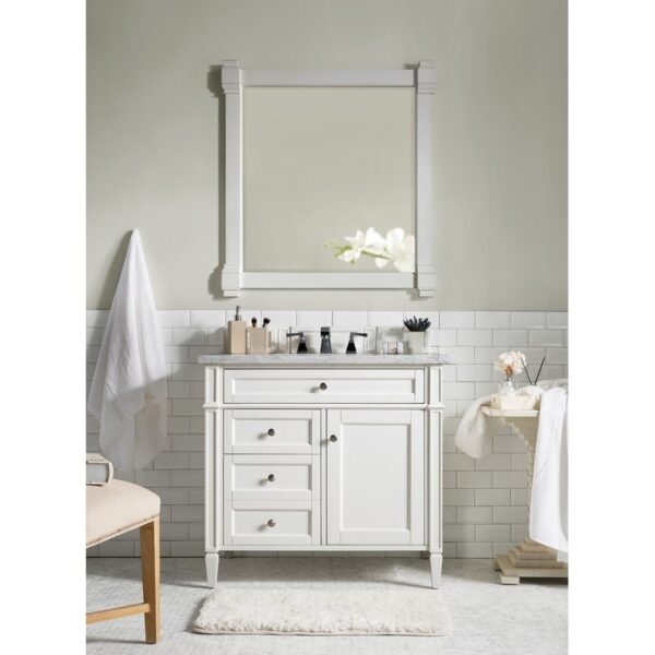 James Martin 650-V36-BW-3CAR Brittany 36 Inch Bright White Single Vanity with 3 cm Carrara Marble Top