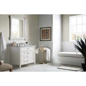 James Martin 650-V36-BW-3CAR Brittany 36 Inch Bright White Single Vanity with 3 cm Carrara Marble Top