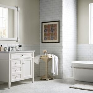 James Martin 650-V36-BW-3CAR Brittany 36 Inch Bright White Single Vanity with 3 cm Carrara Marble Top